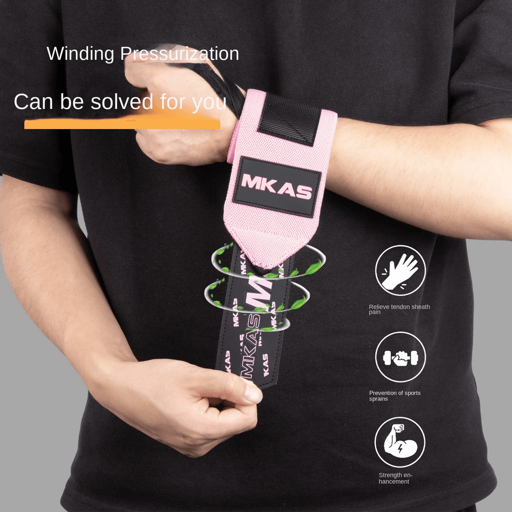 Person demonstrating adjustable pink wrist support wrap for weight lifting, with features like winding pressurization visible.