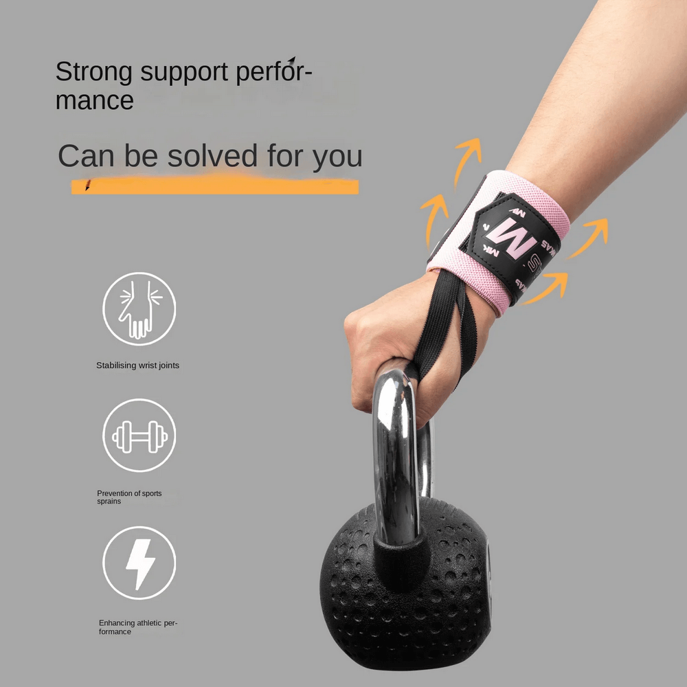 Adjustable wrist support wraps securing a kettlebell for weight lifting, showing strong wrist stabilization and support features.