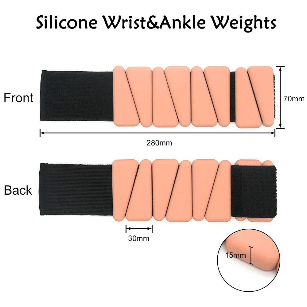 Silicone wrist and ankle weights showcasing front and back design, ergonomic and adjustable for effective workouts.