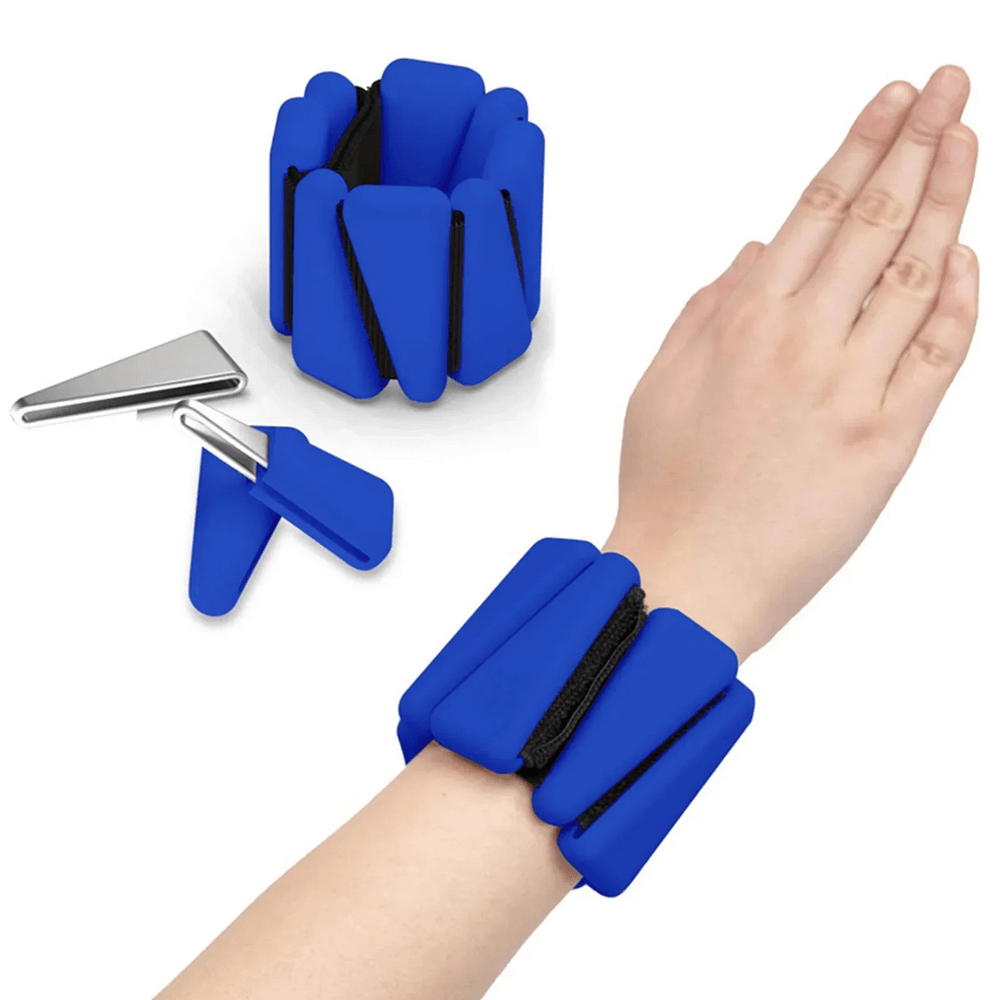 Blue adjustable wrist weights SF3311 on a wrist, perfect for cardio, running, and yoga. Durable, waterproof, and ergonomic design.