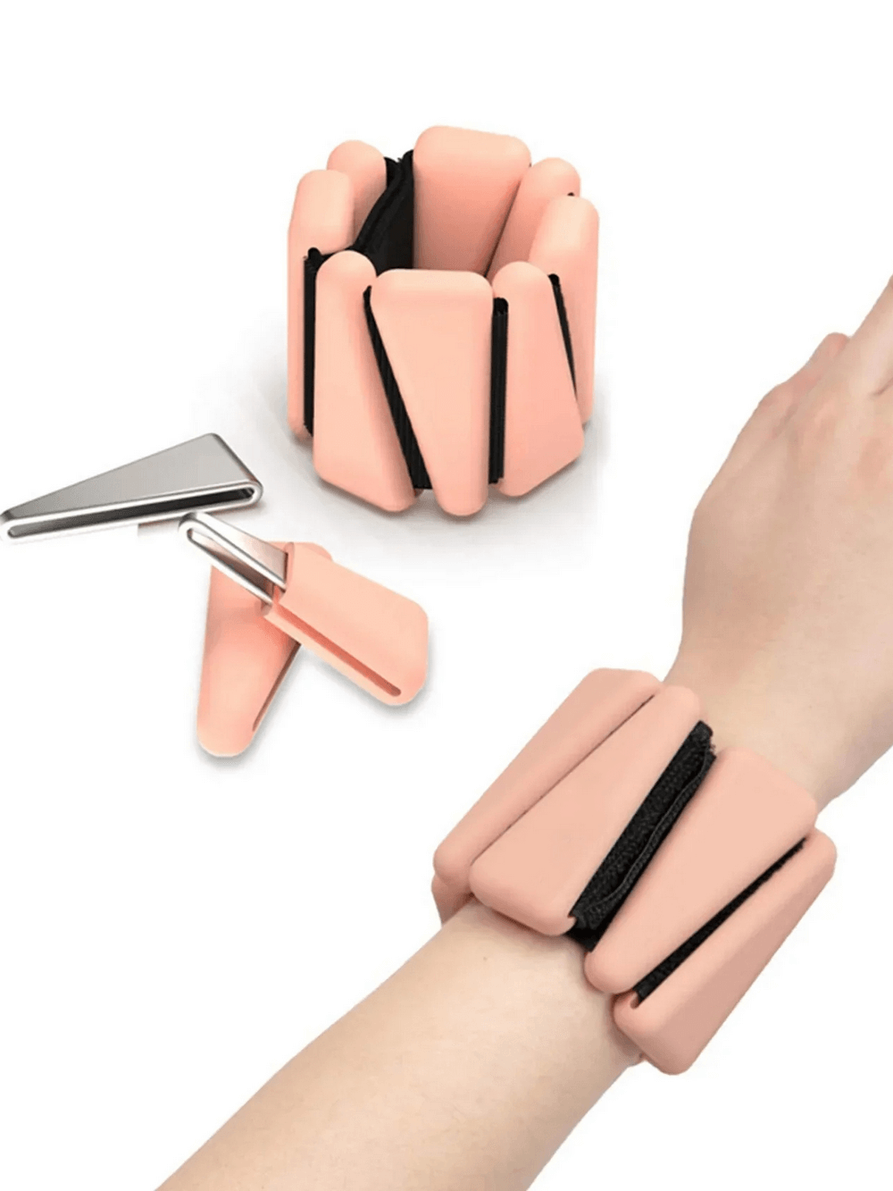 Adjustable wrist weights in peach color for fitness, shown on wrist and detached pieces, ideal for cardio and yoga training.