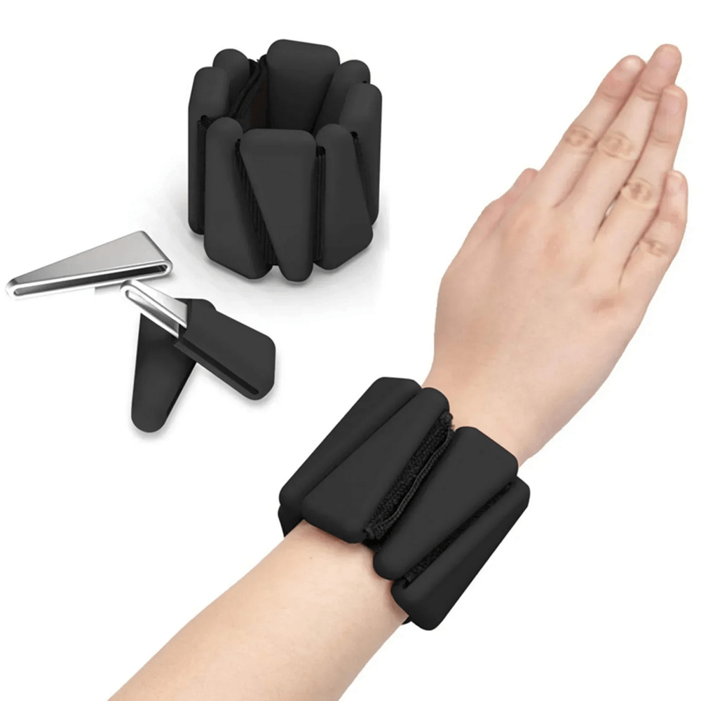 Adjustable wrist weights for fitness, shown on a wrist, with durable elastic strap. Perfect for cardio and resistance training workouts.