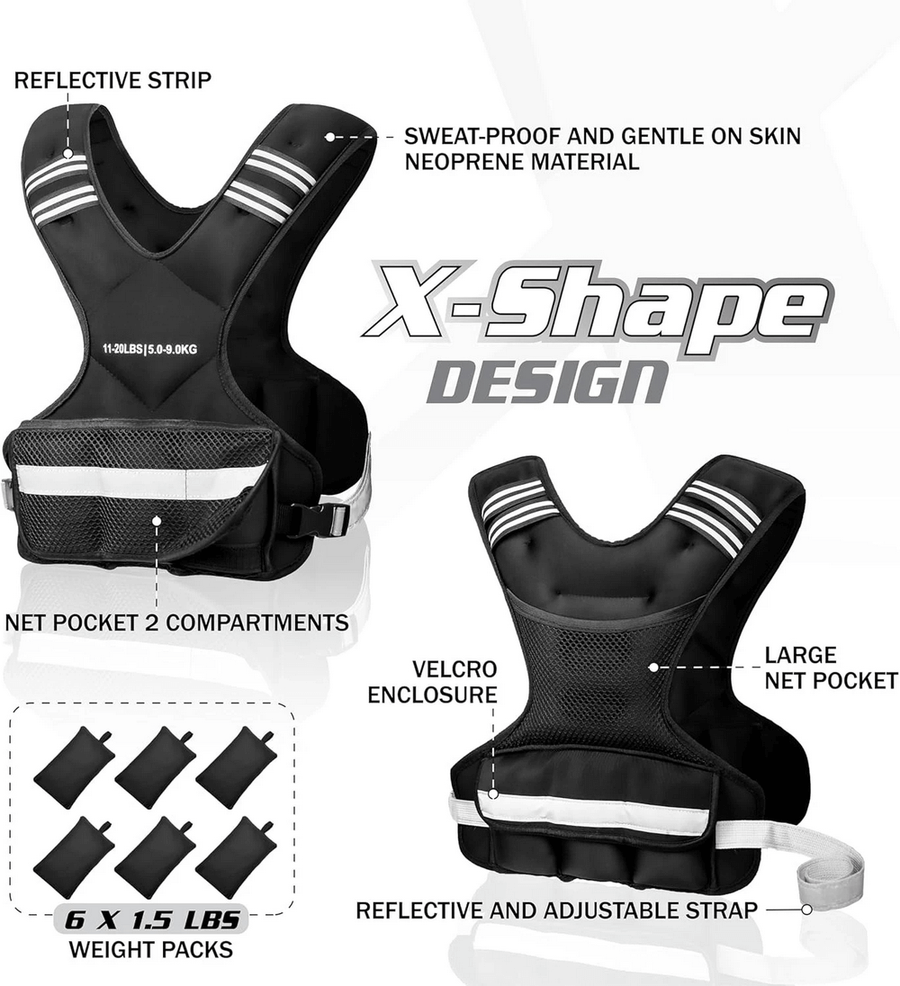 Adjustable X-Shape Weighted Vest for Training - SF3434 with reflective strips, neoprene material, and weight packs for workouts.