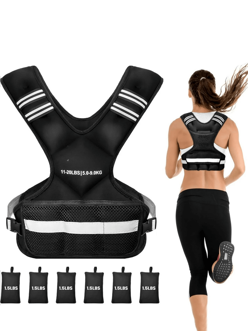 Adjustable X-Shape Weighted Vest for Training - SF3434 with reflective strips, shown on a jogger with detachable weight packs.