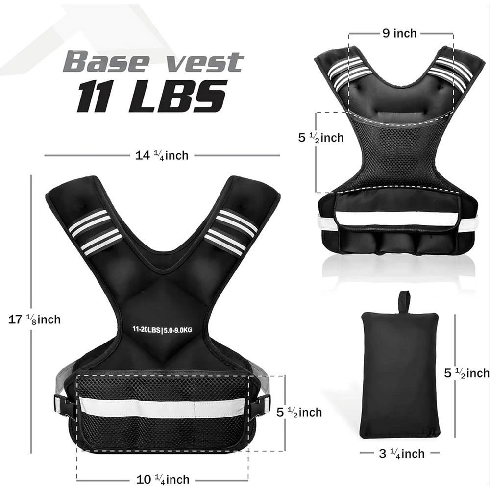 Adjustable X-Shape Weighted Vest for Training - SF3434 with dimensions and reflective strips, showing neoprene material and pockets.