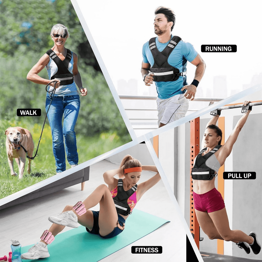 Athletes using Adjustable X-Shape Weighted Vest for Training - SF3434 in various workouts like running, walking, and fitness routines