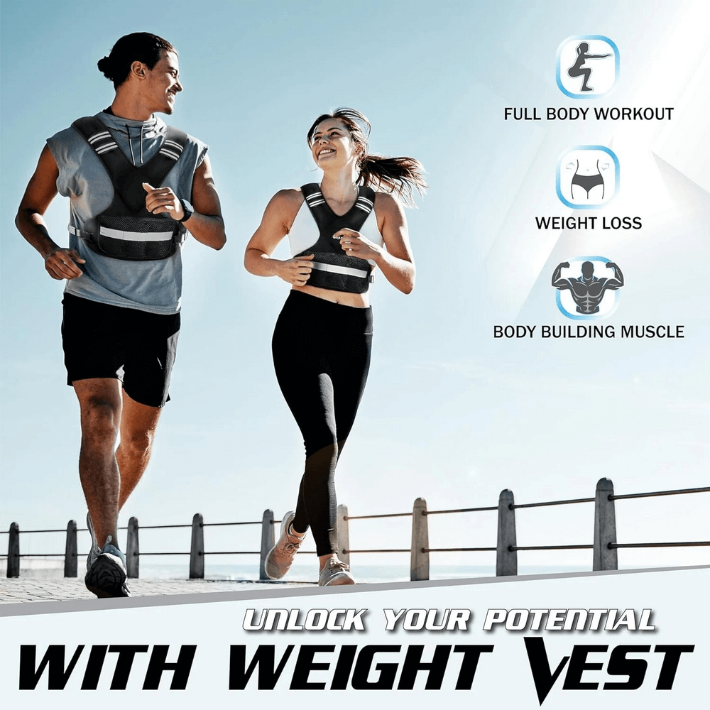 Couple jogging by the sea wearing Adjustable X-Shape Weighted Vest for Training - SF3434 with reflective strips and pockets