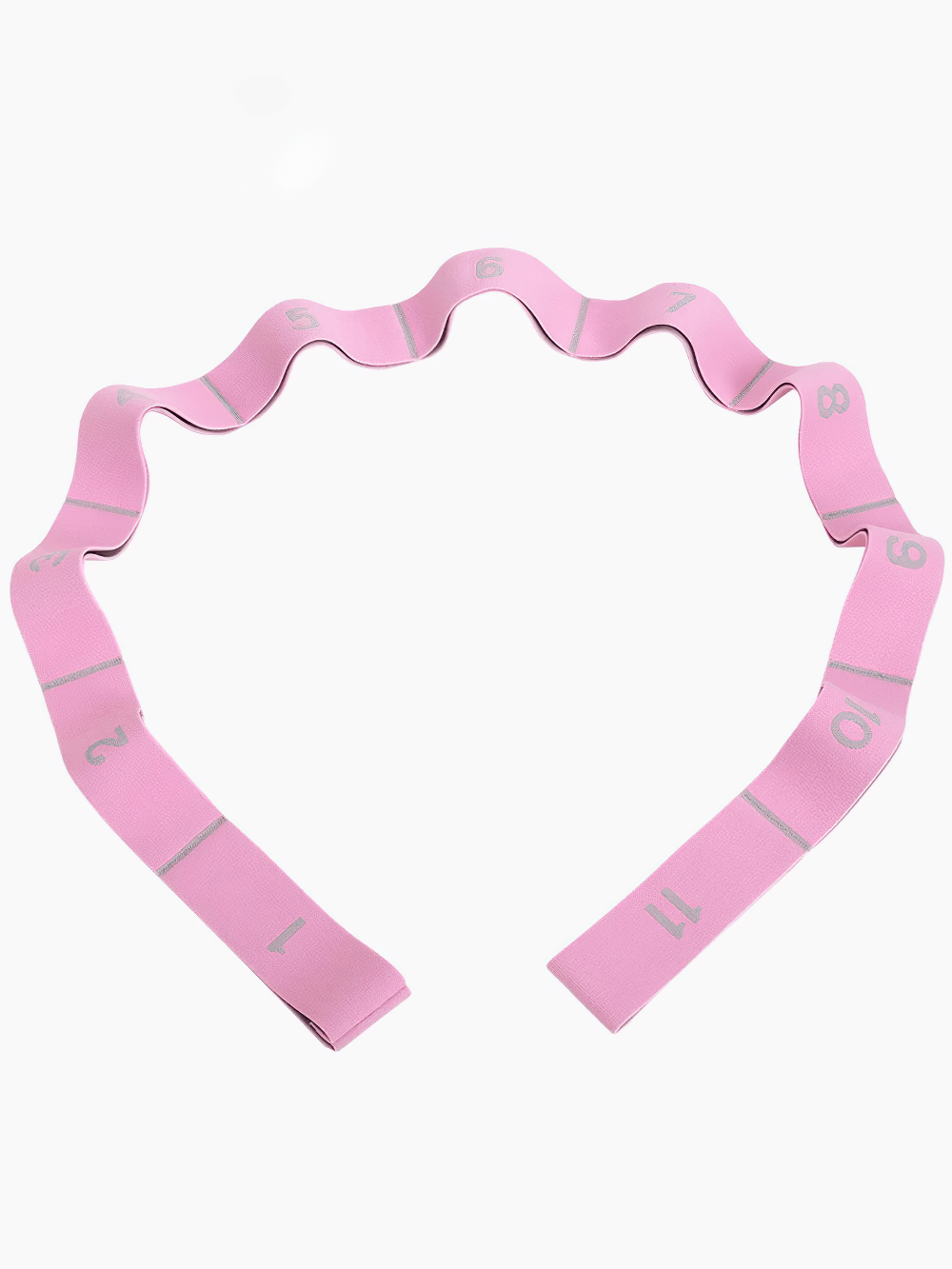 Pink adjustable yoga stretch band with numbered segments for Pilates and balance training, made from durable nylon and latex.