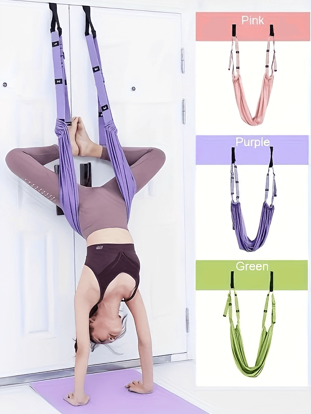 Person using a purple aerial yoga hammock for inversion therapy with color options in pink, purple, and green displayed.