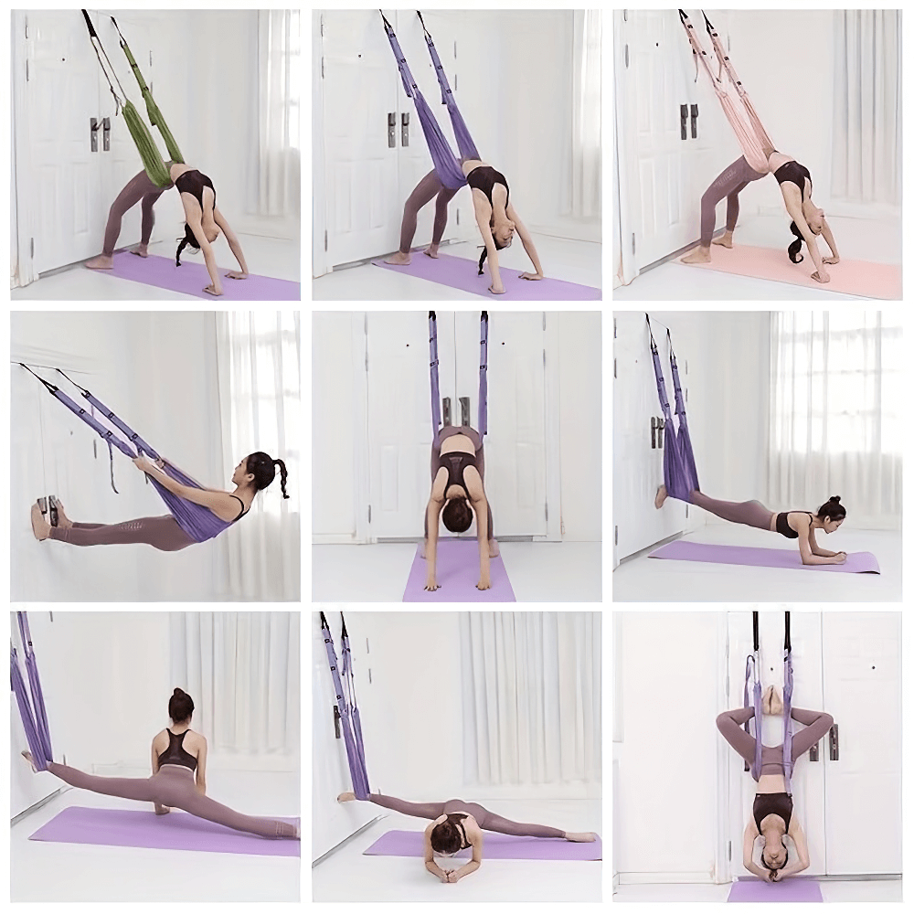 Yoga enthusiast using aerial yoga hammock for deep stretching, inversion therapy, and core training at home gym. SF2863 yoga swing.