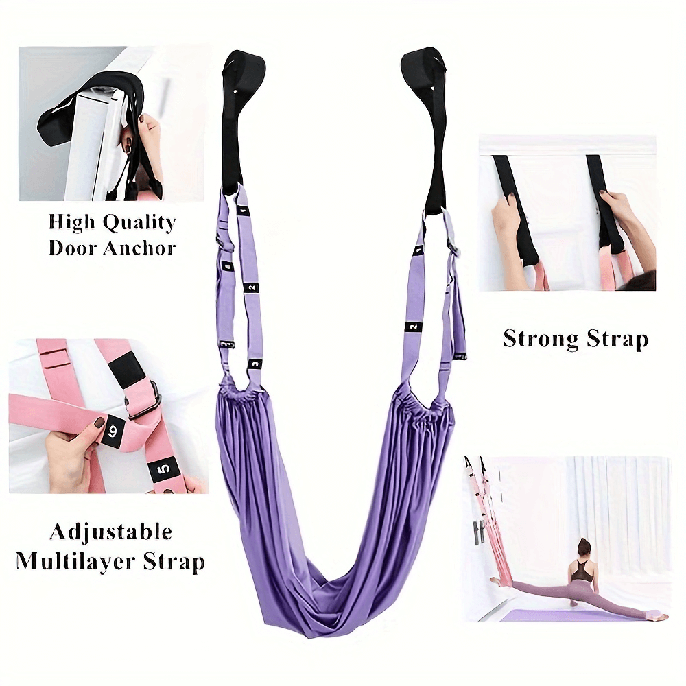 Purple aerial yoga hammock with strong straps and door anchor, promoting deep stretching, flexibility, and inversion therapy at home.