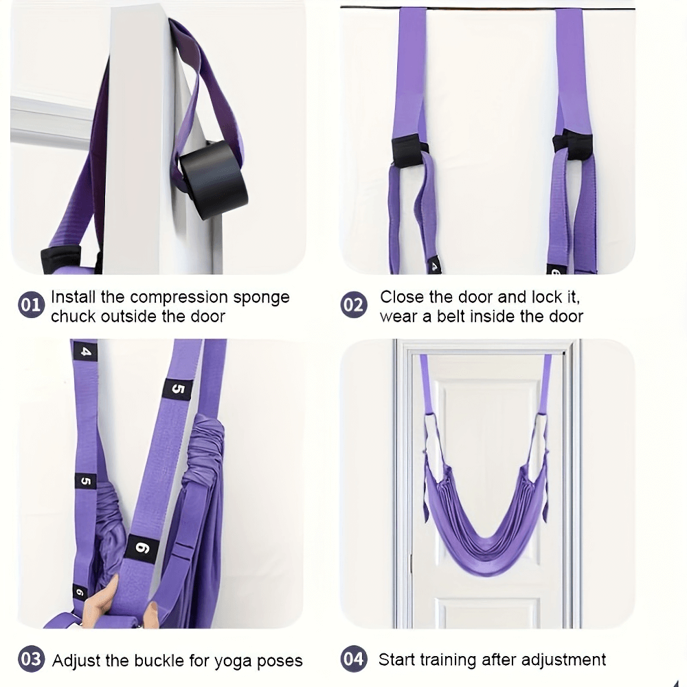 Step-by-step guide to installing a purple aerial yoga hammock for home gym inversion therapy and deep stretching.