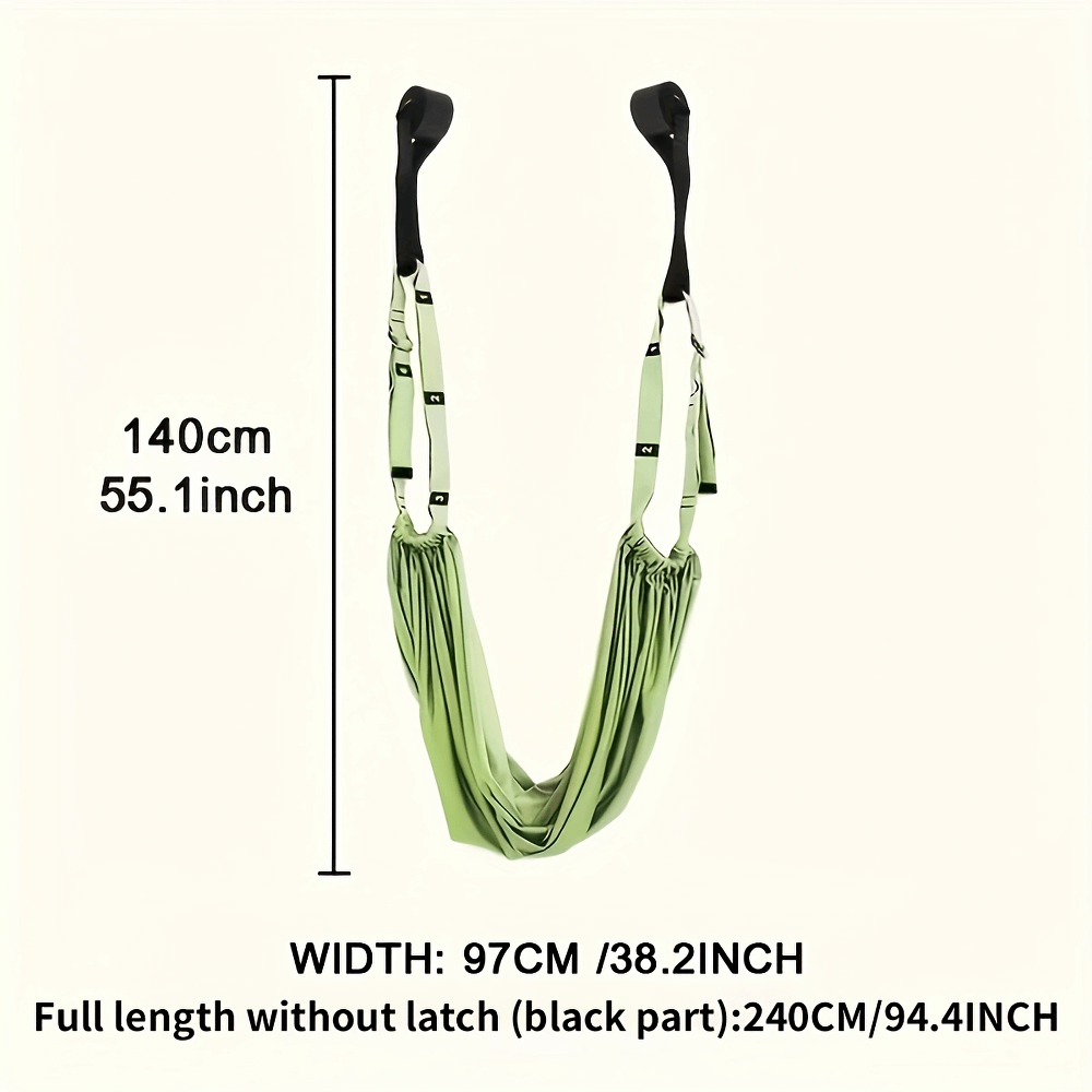 Green aerial yoga hammock for home gym and inversion therapy, supports deep stretching and core training, 140cm tall, 97cm wide.