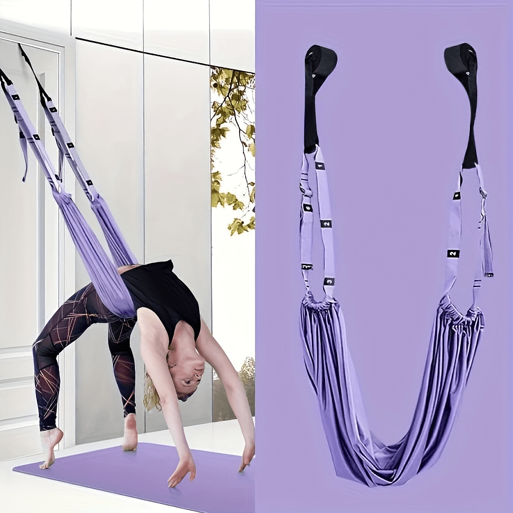 Aerial yoga hammock for home gym, perfect for inversion therapy and deep stretching flexibility exercises. SF2863 model in use.