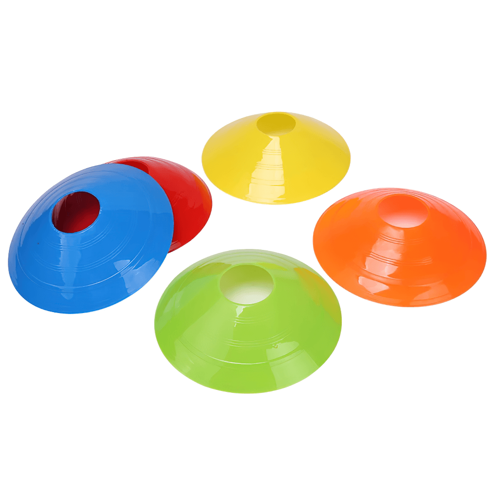 Five colorful agility disc cones for soccer training, featuring blue, red, yellow, green, and orange cones on a white background.