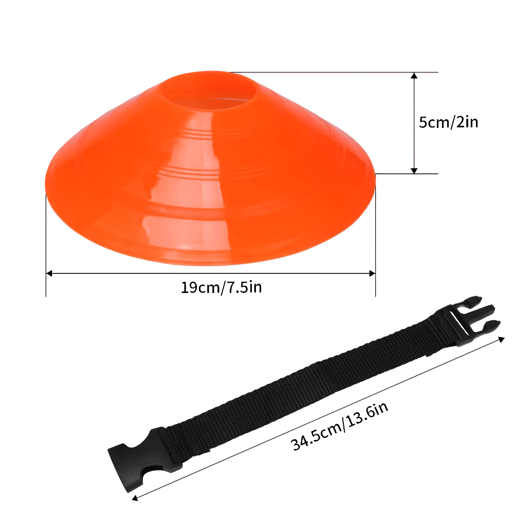 Orange agility disc cone with strap, shown with dimensions for soccer and field drills, 19cm diameter, 5cm height.