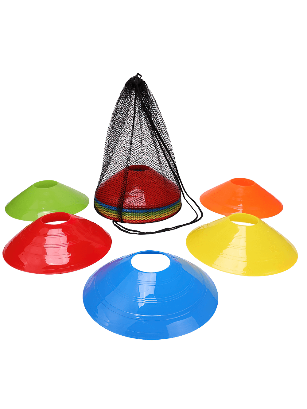 Colorful agility disc cones with mesh bag for soccer and field drills. Ideal for coaches and teams to boost footwork and coordination.