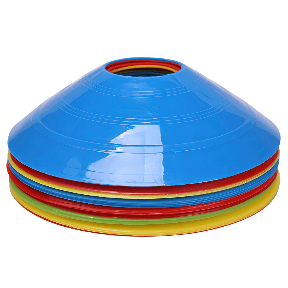 Stack of vibrant agility disc cones for soccer and field drills, includes 5 colors with strap and bag, SF3182 training set.