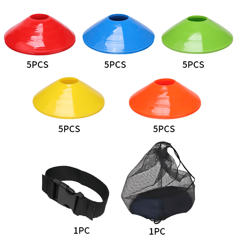 Set of agility disc cones in five colors with strap and mesh bag for soccer and field drills. Perfect for training and coordination.