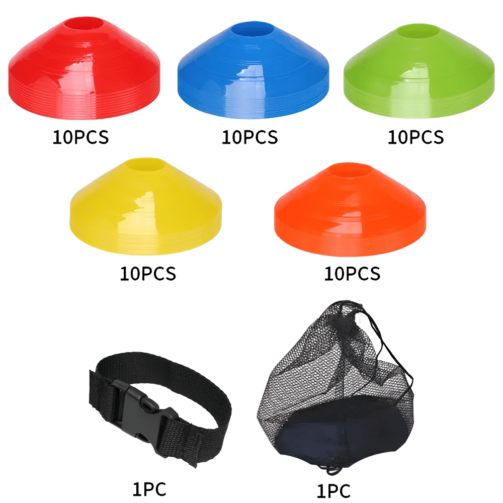 Colorful agility disc cone set with strap and mesh bag, perfect for soccer and field drills, includes 50 flexible marker discs.