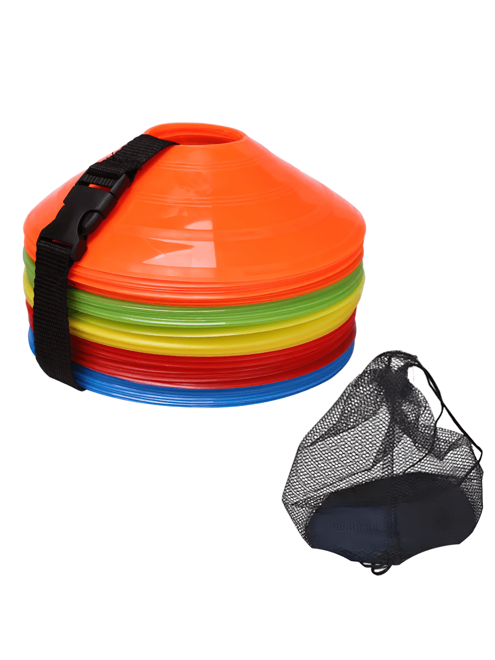 Vibrant agility disc cones set with strap and mesh bag for soccer training, SF3182 model, featuring orange, green, yellow, red, blue colors.