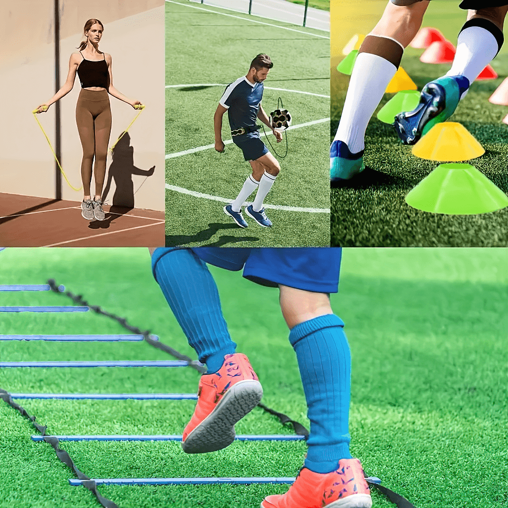 Athletes using agility ladder and cones, woman skipping rope; soccer fitness training with Agility Ladder Kit SF2743.