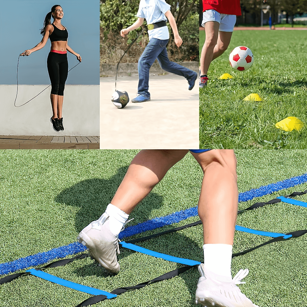 Person using agility ladder and jump rope for soccer and fitness training, showcasing speed and agility enhancements.