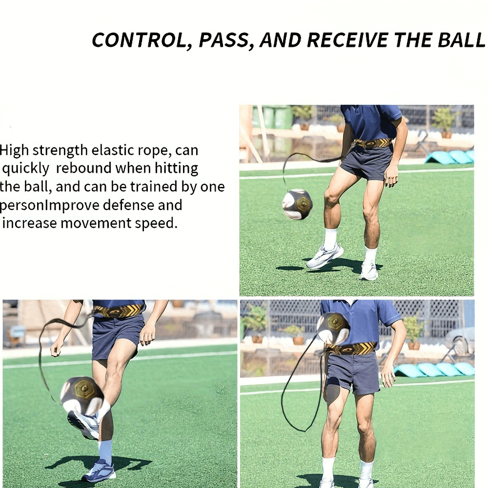 Man demonstrating soccer training with a ball rebounder kit, enhancing agility and ball control on outdoor field.