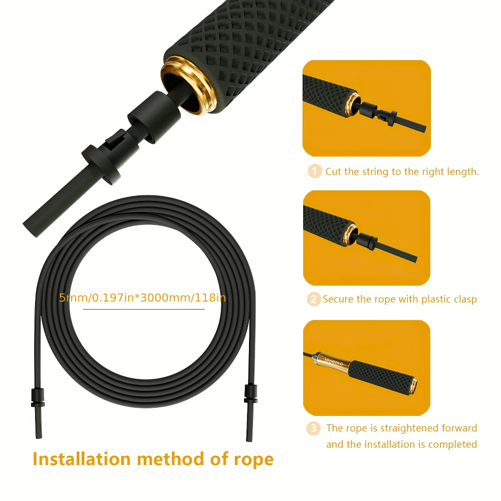 Installation guide for SF2777 aluminum speed jump rope, showing cable, handle, and step-by-step setup for fitness training.