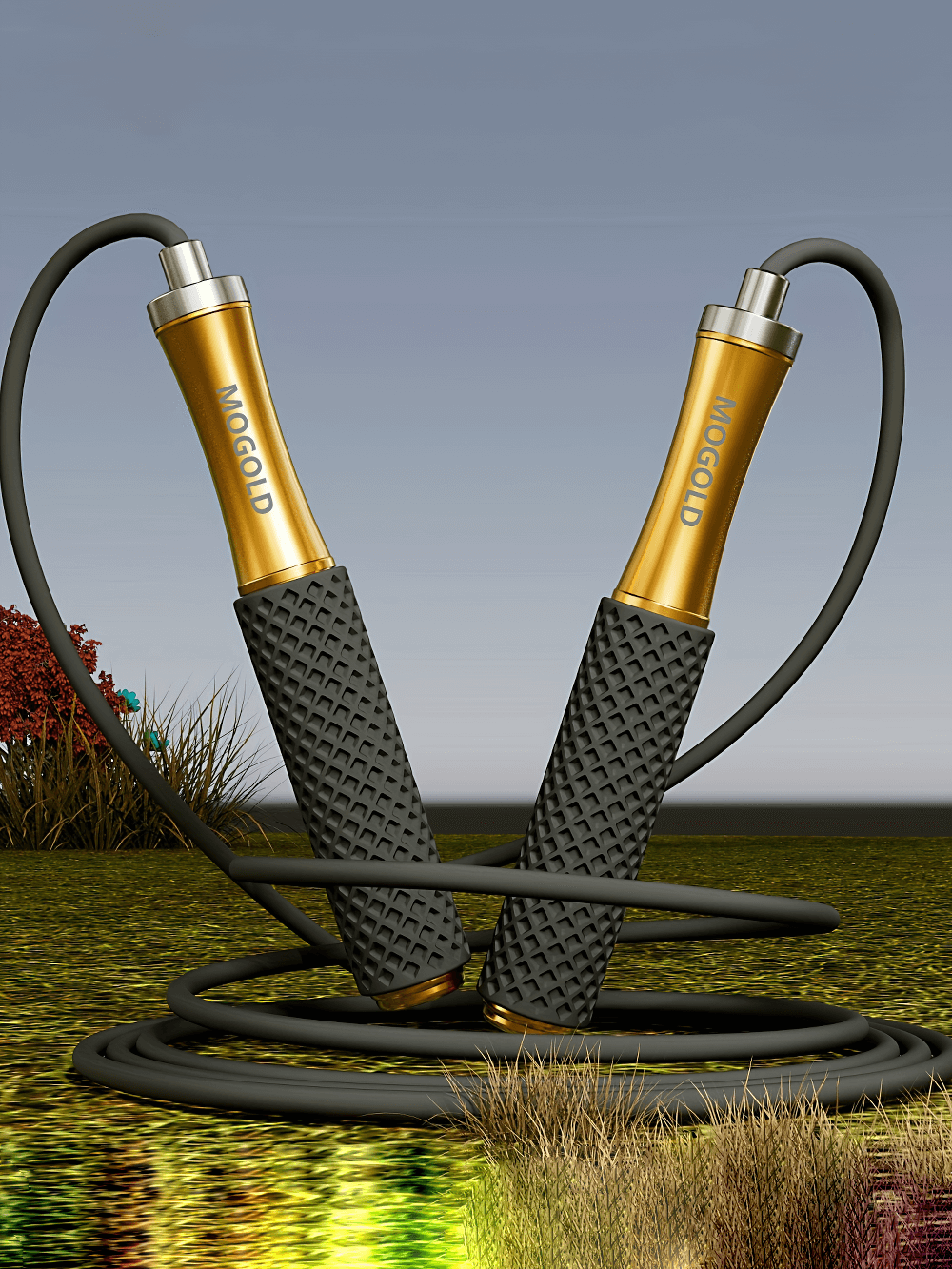 Aluminum speed jump rope for boxing and fitness with ergonomic handles and PU-coated cable on grass background.