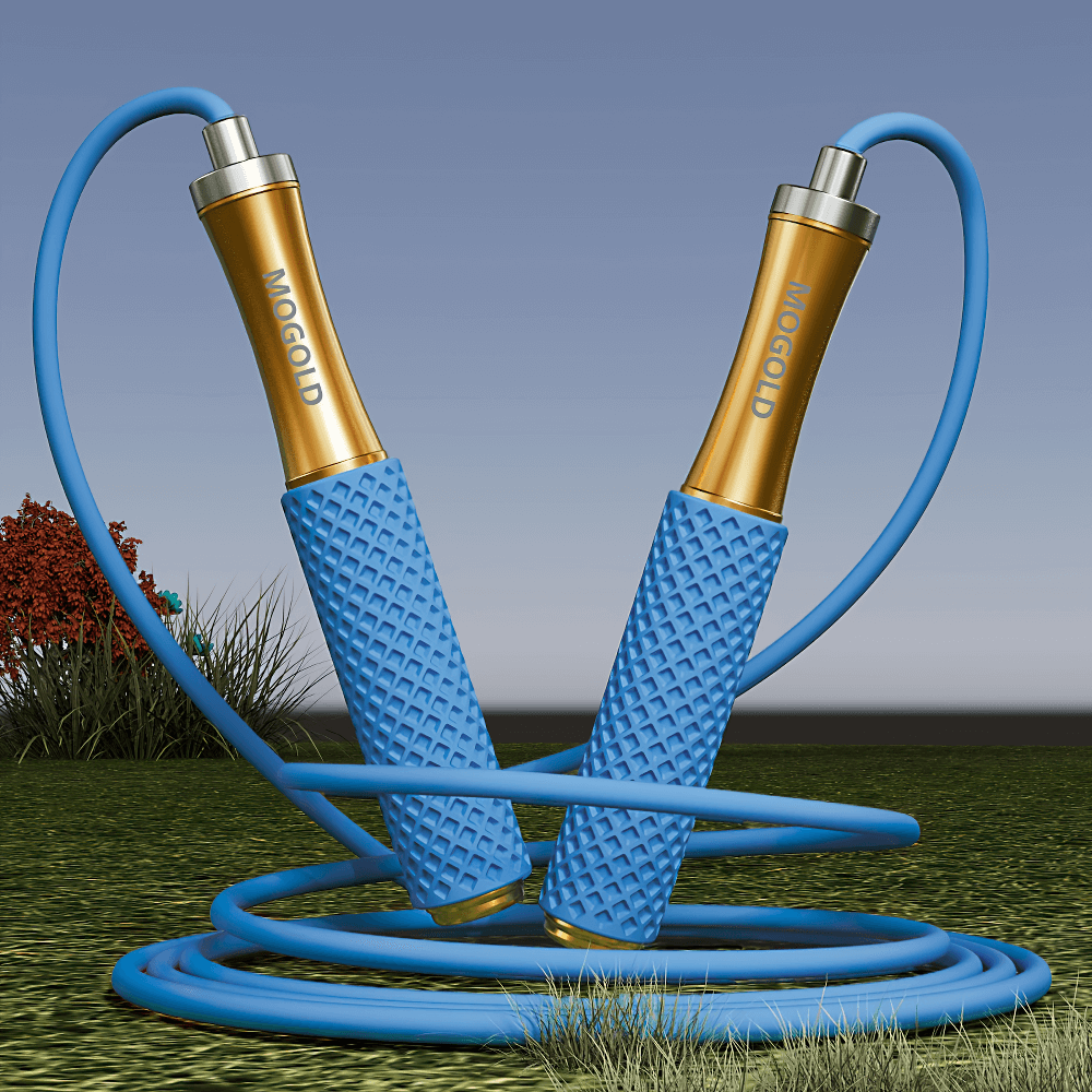 Blue aluminum speed jump rope with ergonomic handles, designed for fitness training and boxing, resting on grass.