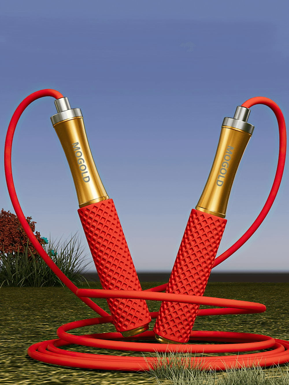 Red aluminum speed jump rope with ergonomic handles on grass, ideal for boxing and fitness training.