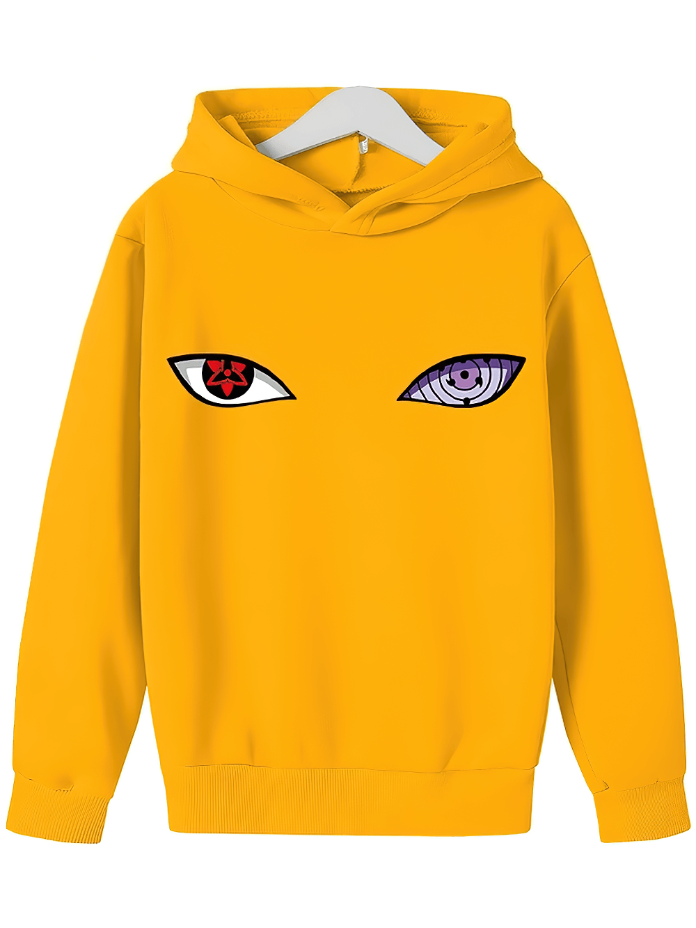 Anime Eyes Graphic Hoodie for Boys and Girls - SF3679 with ninja print, showing bold anime eyes on a yellow kids' sweatshirt.