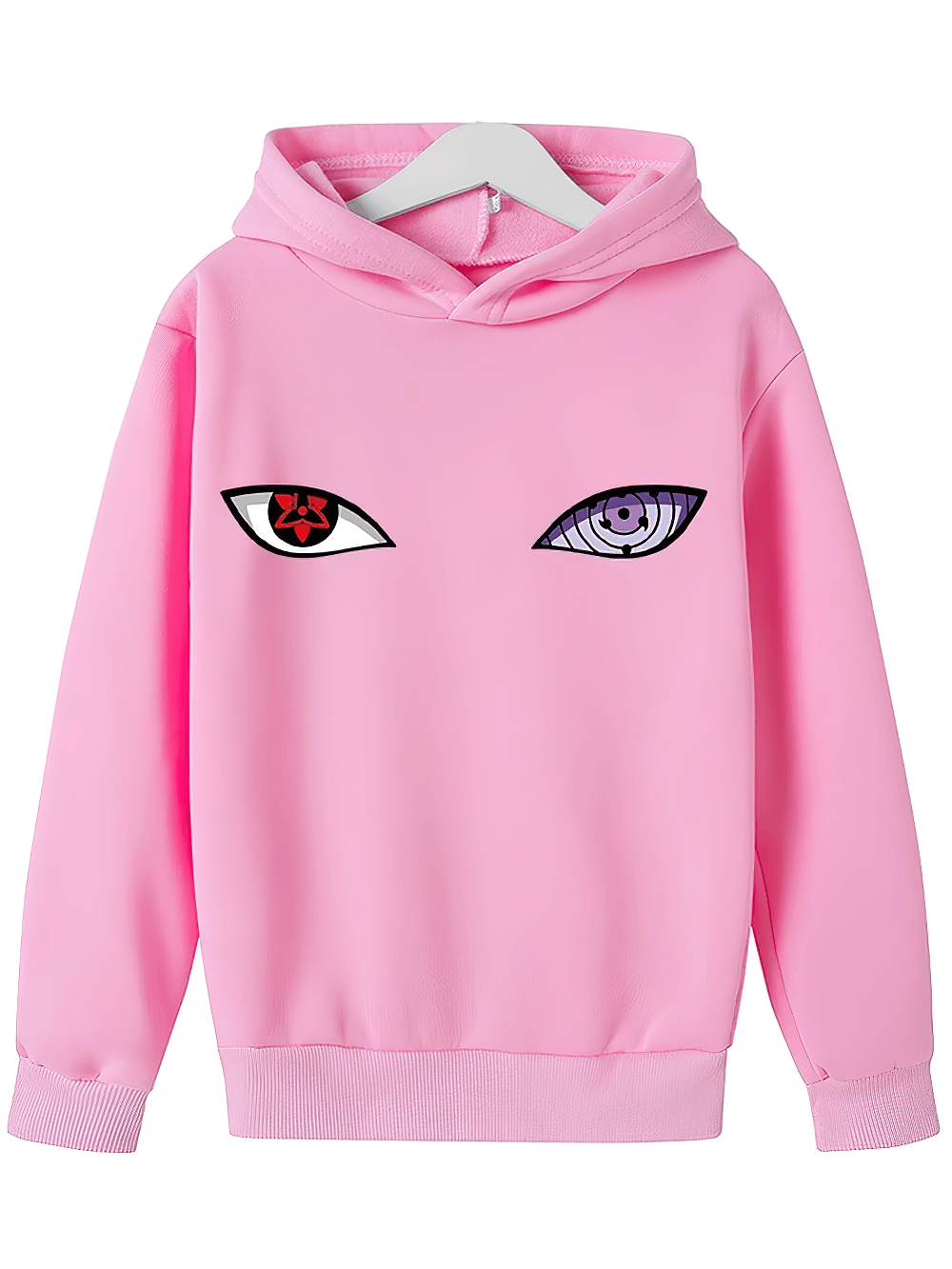 Anime Eyes Graphic Hoodie for Boys and Girls - SF3679 with ninja-inspired eye print on pink sweatshirt, perfect for kids' streetwear.