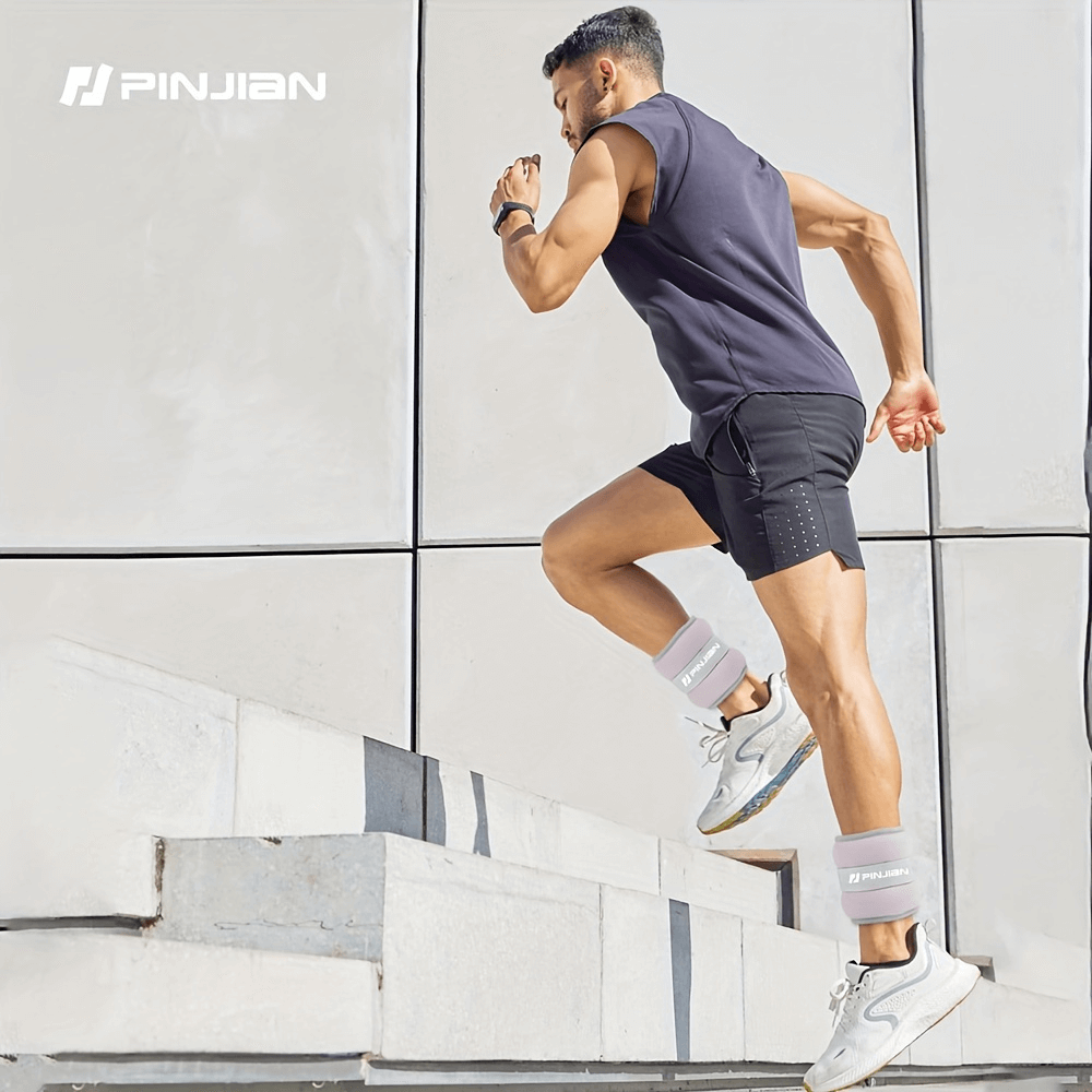 Fitness enthusiast using ankle weights while running outdoors, showcasing wearable workout gear for enhanced exercise performance.