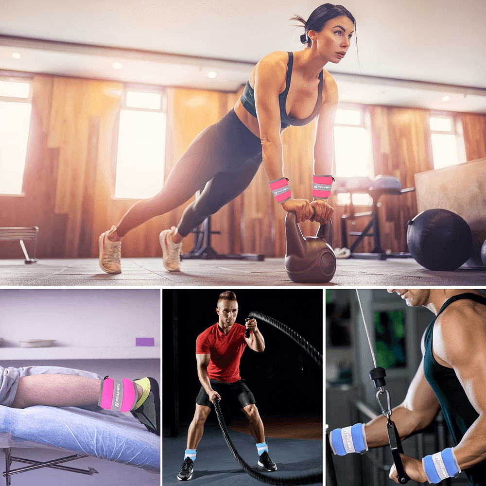 Women and men using ankle and wrist weights set for exercise, yoga, and training at the gym. Ideal for fitness and endurance.