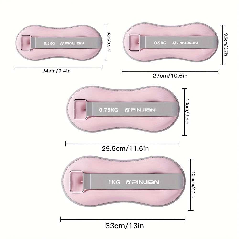 Four pink adjustable ankle and wrist weights with dimensions and weights labeled for versatile workouts.