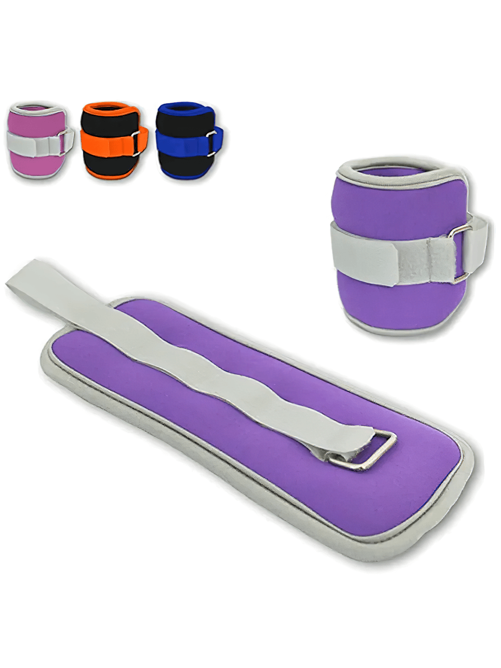 Purple ankle and wrist weights with Velcro strap, ideal for strength and cardio workouts, featuring neoprene and Lycra materials.