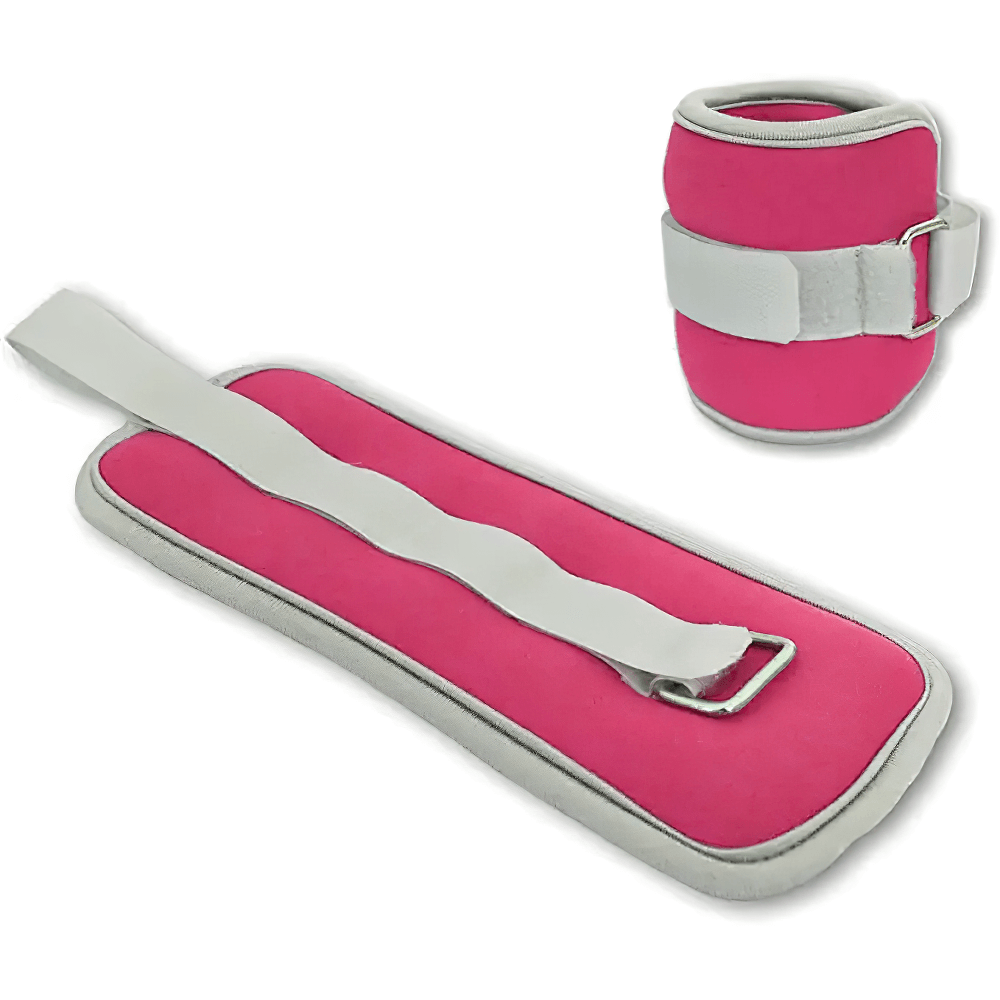 Pink ankle and wrist weights with Velcro straps and reinforced buckles, ideal for fitness, strength, and cardio workouts.
