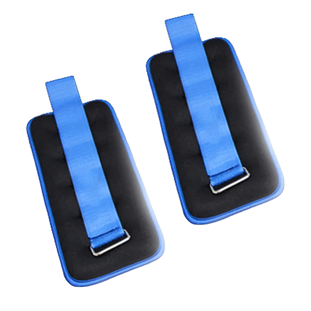 Blue and black ankle and wrist weights with Velcro straps for fitness workouts.