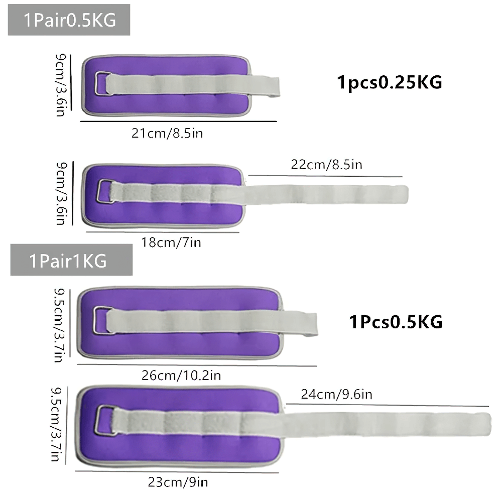 Purple ankle and wrist weights with Velcro straps, showing dimensions and weight options of 0.5KG and 1KG pairs.