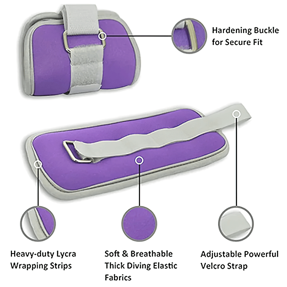 Purple neoprene ankle and wrist weights with velcro strap and reinforced buckle, perfect for cardio and strength training.