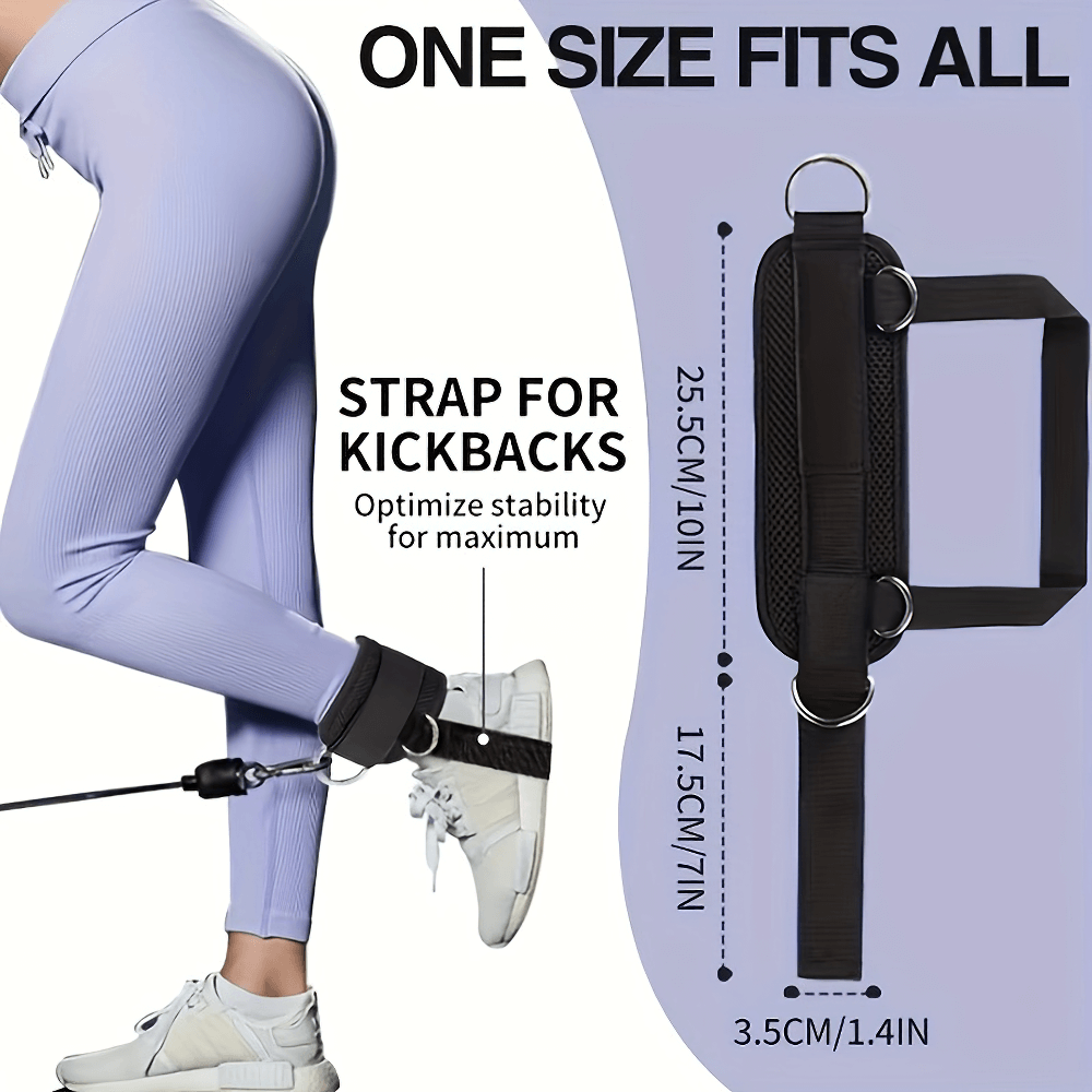 Adjustable ankle gym weights with dual D-ring for kickbacks, shown on a leg during workout. One size fits all. Ideal for women’s leg training.