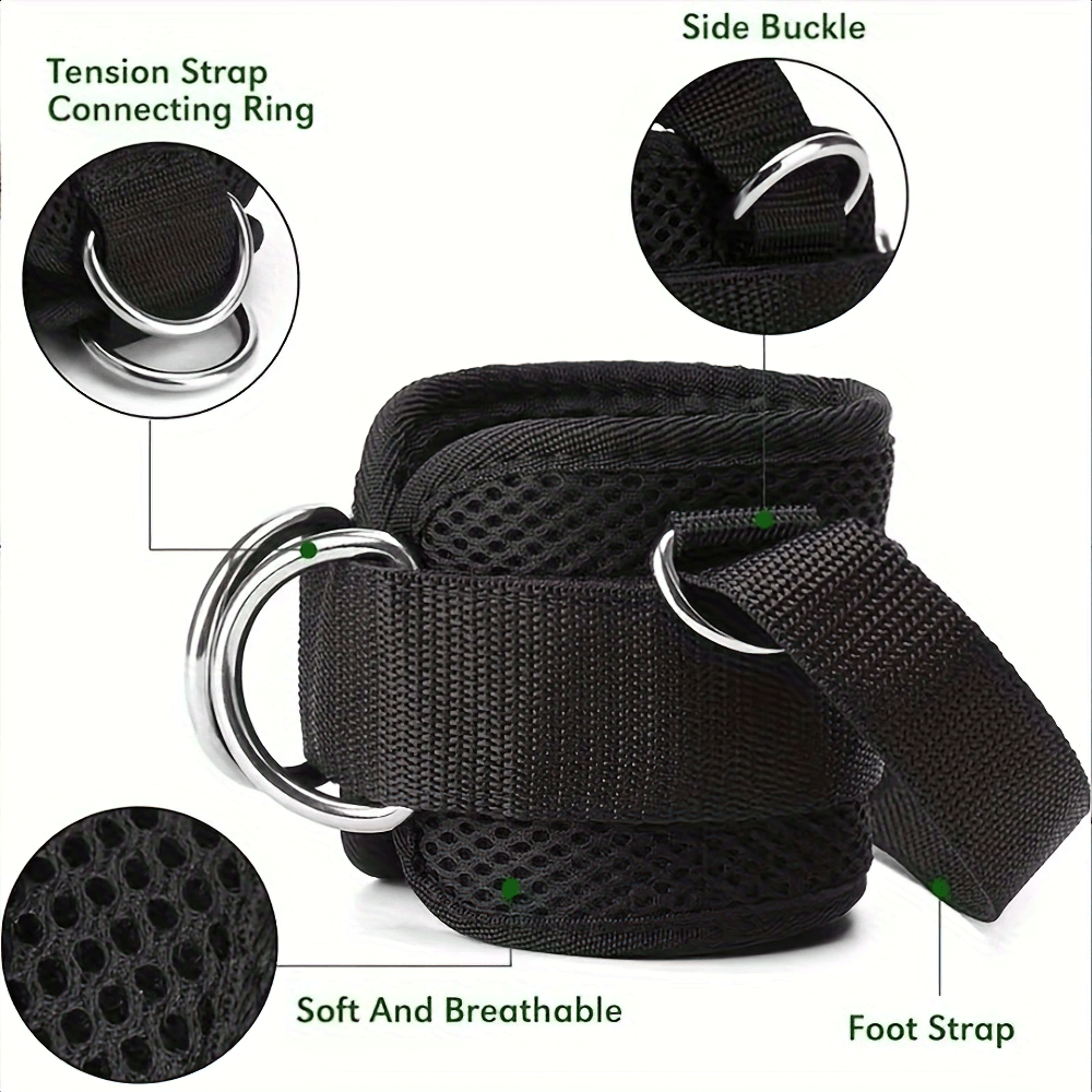 Adjustable ankle gym weights with dual D-ring and strap, showcasing tension strap, side buckle, and breathable material.