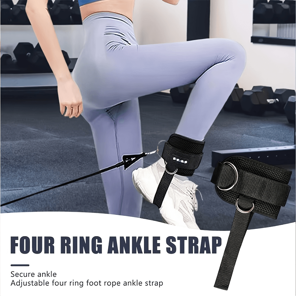 Woman using adjustable ankle gym weights with dual D-ring strap for leg workout in gym setting.