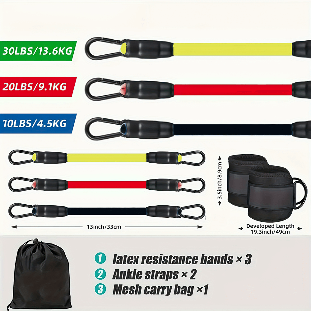 Ankle resistance band set with adjustable straps, three colored bands for varied tension, and a mesh carry bag for leg workouts.