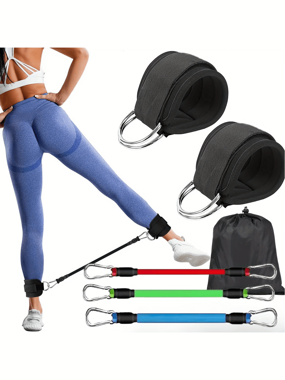 Woman using ankle resistance bands SF3002 with adjustable straps, 5-piece set in mixed colors for leg and glute training, includes carry bag.