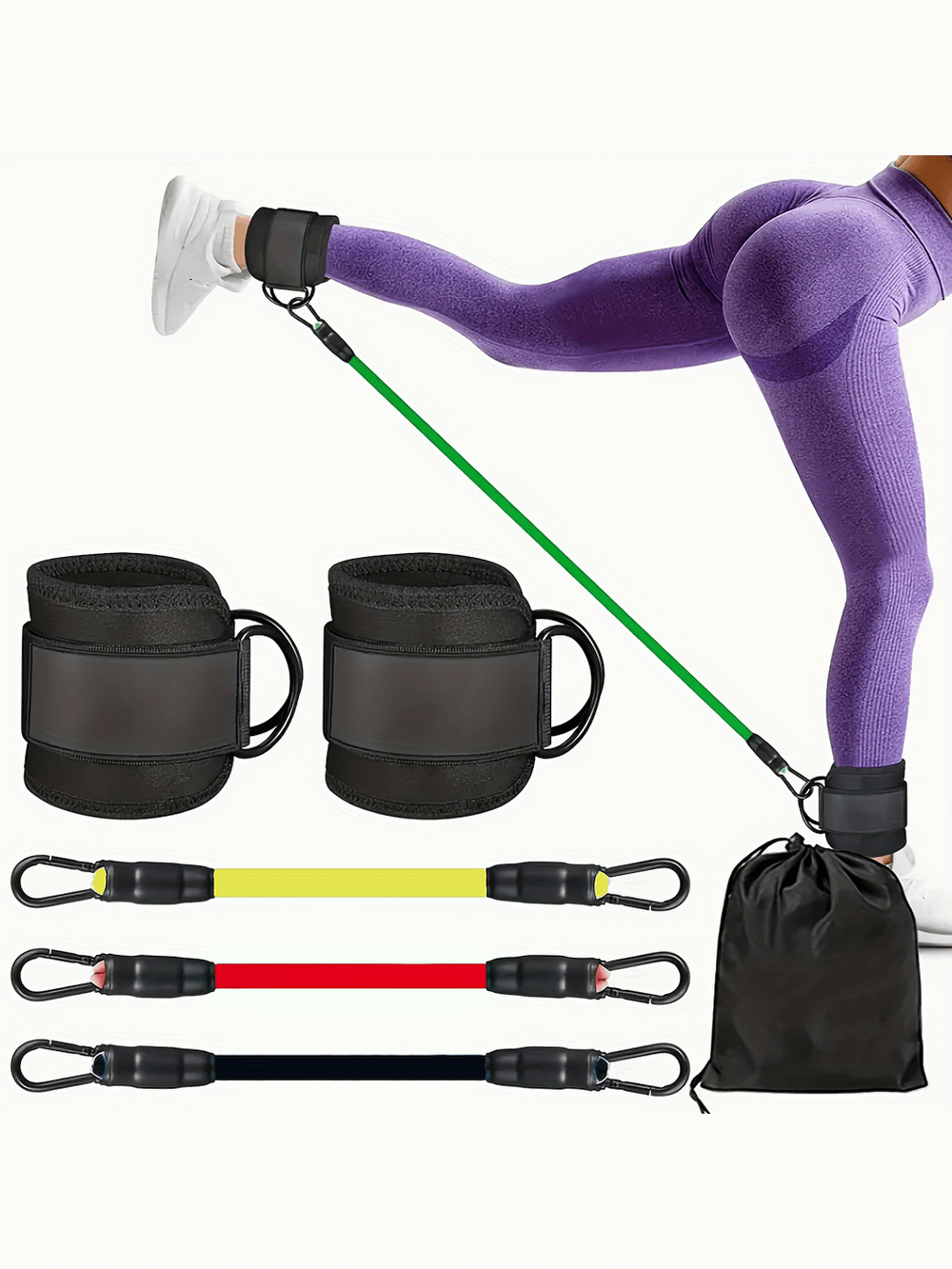 Ankle resistance bands set with adjustable straps for leg and glute training. Includes five durable mixed-color bands and carrying bag.