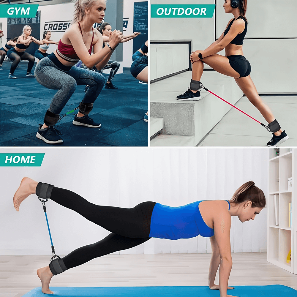 Women using ankle resistance bands for leg and glute workouts at gym, outdoor, and home settings. Versatile fitness gear.