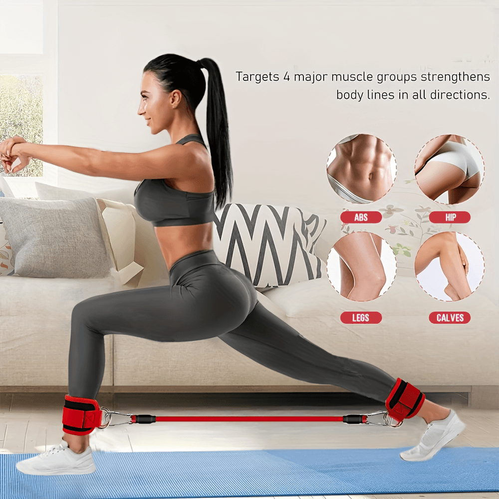 Woman using ankle resistance bands for leg and glute workout on a yoga mat at home. Targets abs, hips, legs, and calves.